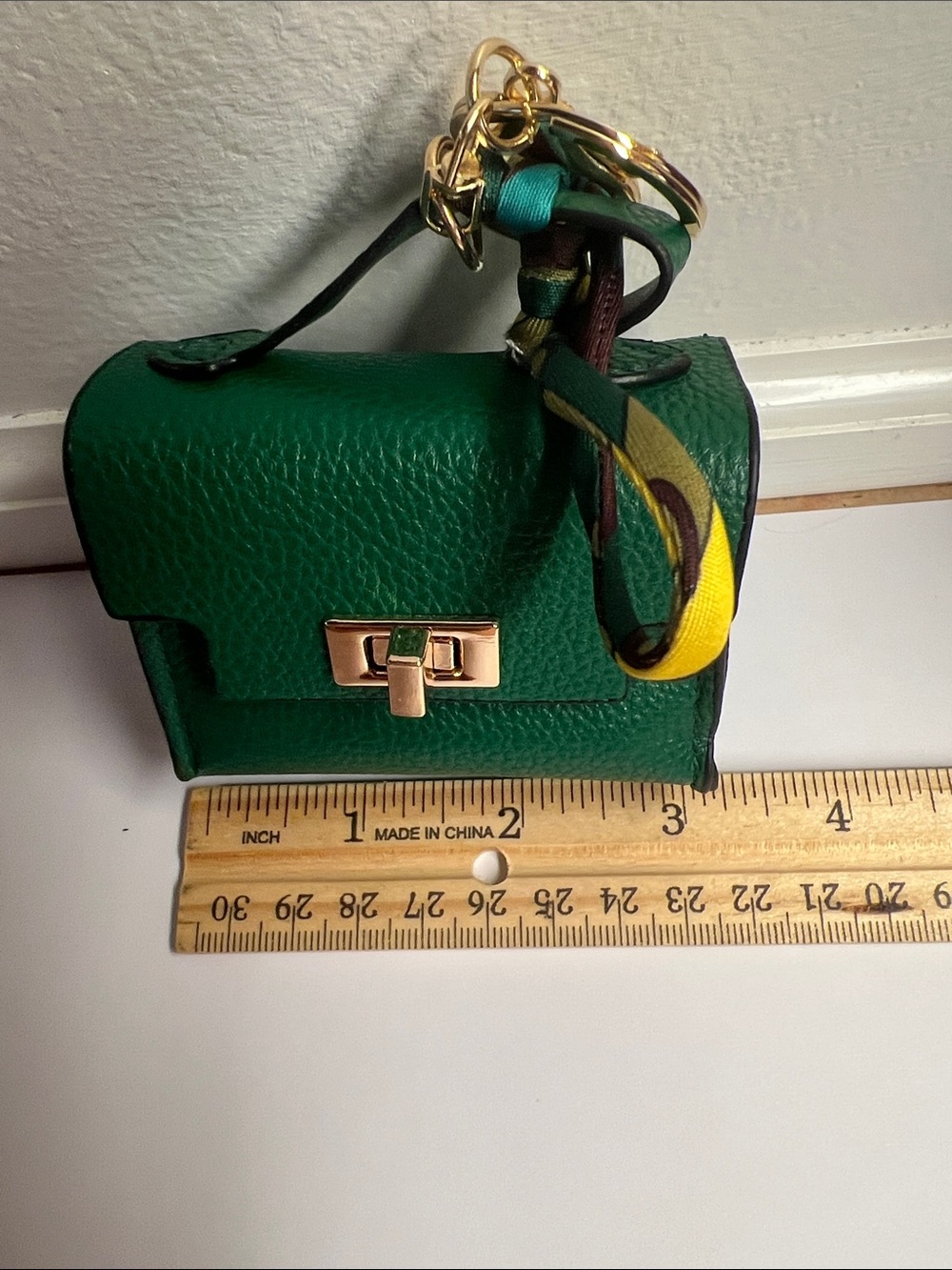Green Mini Crossbody Key Chain Bag or Charm w/Gold Hardware & Mini Scarf 3x2x1 - Picture 8 of 10